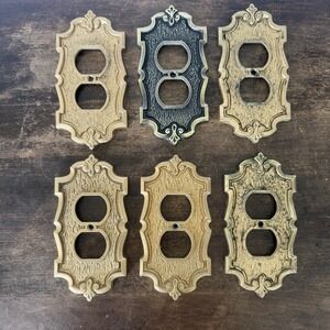 Vintage Hollywood Regency Ornate Brass Tone Duplex Outlet Covers Wall Plates X6